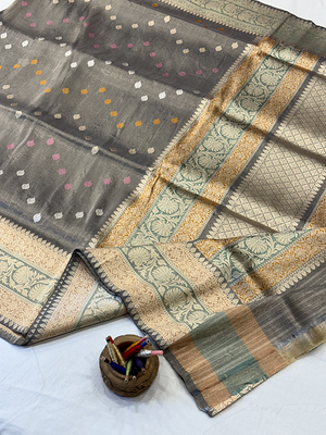 Grey Tissue Silk Saree — Kadwa Booti