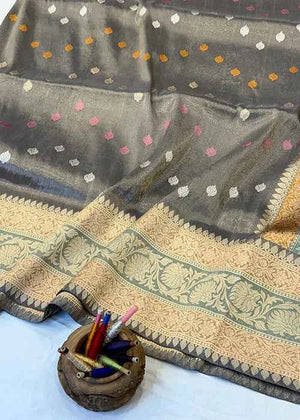 Grey Tissue Silk Saree — Kadwa Booti
