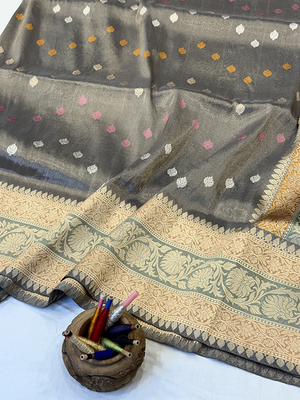 Grey Tissue Silk Saree — Kadwa Booti
