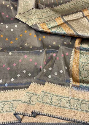 Grey Tissue Silk Saree — Kadwa Booti