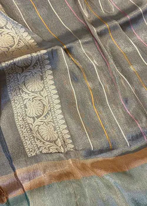 Grey Tissue Silk Saree — Kadwa Booti