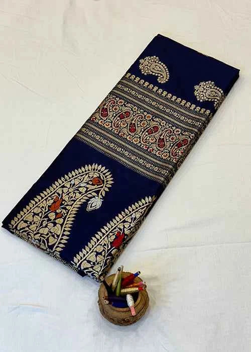 Blue Katan Silk Saree — Kadwa Boota