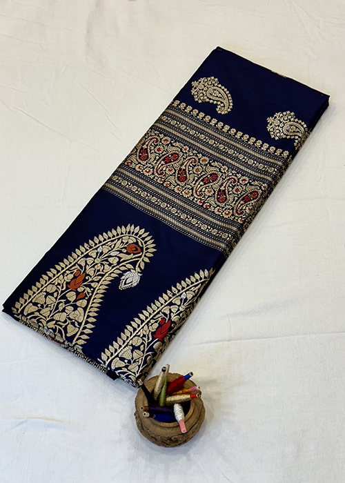 Blue Katan Silk Saree — Kadwa Boota - The Panaya