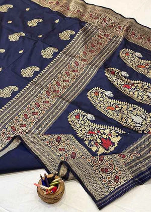 Blue Katan Silk Saree — Kadwa Boota