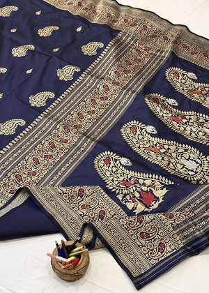 Blue Katan Silk Saree — Kadwa Boota