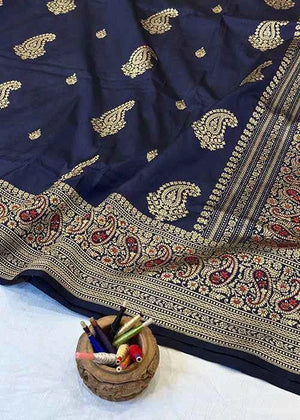 Blue Katan Silk Saree — Kadwa Boota