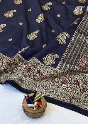 Blue Katan Silk Saree — Kadwa Boota