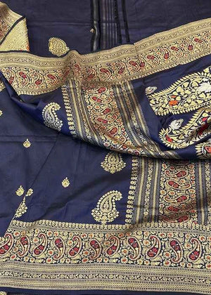 Blue Katan Silk Saree — Kadwa Boota