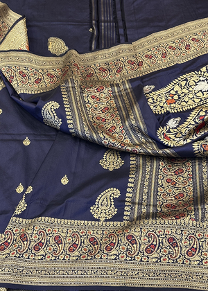 Blue Katan Silk Saree — Kadwa Boota