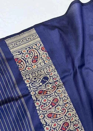 Blue Katan Silk Saree — Kadwa Boota
