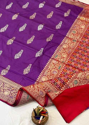 Purple Katan Silk Saree — Kadwa Booti