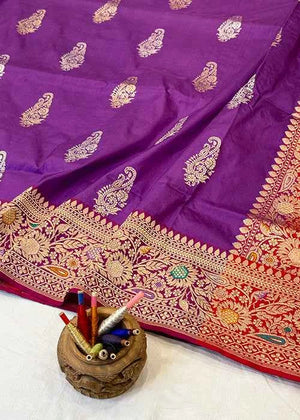 Purple Katan Silk Saree — Kadwa Booti