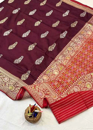 Maroon Katan Silk Saree — Kadwa Boota