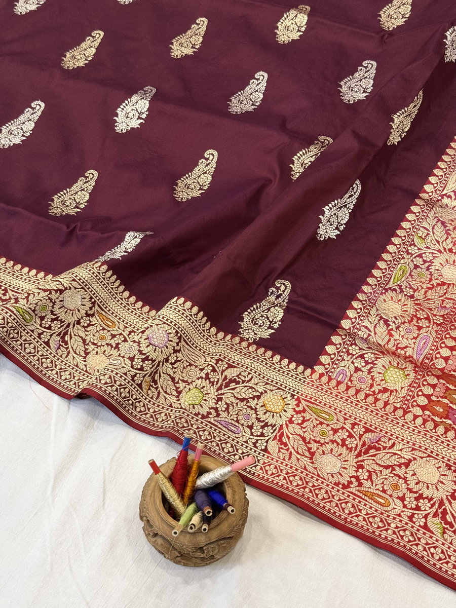 Maroon Katan Silk Saree — Kadwa Boota