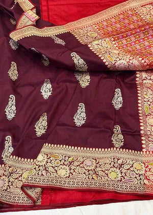 Maroon Katan Silk Saree — Kadwa Boota