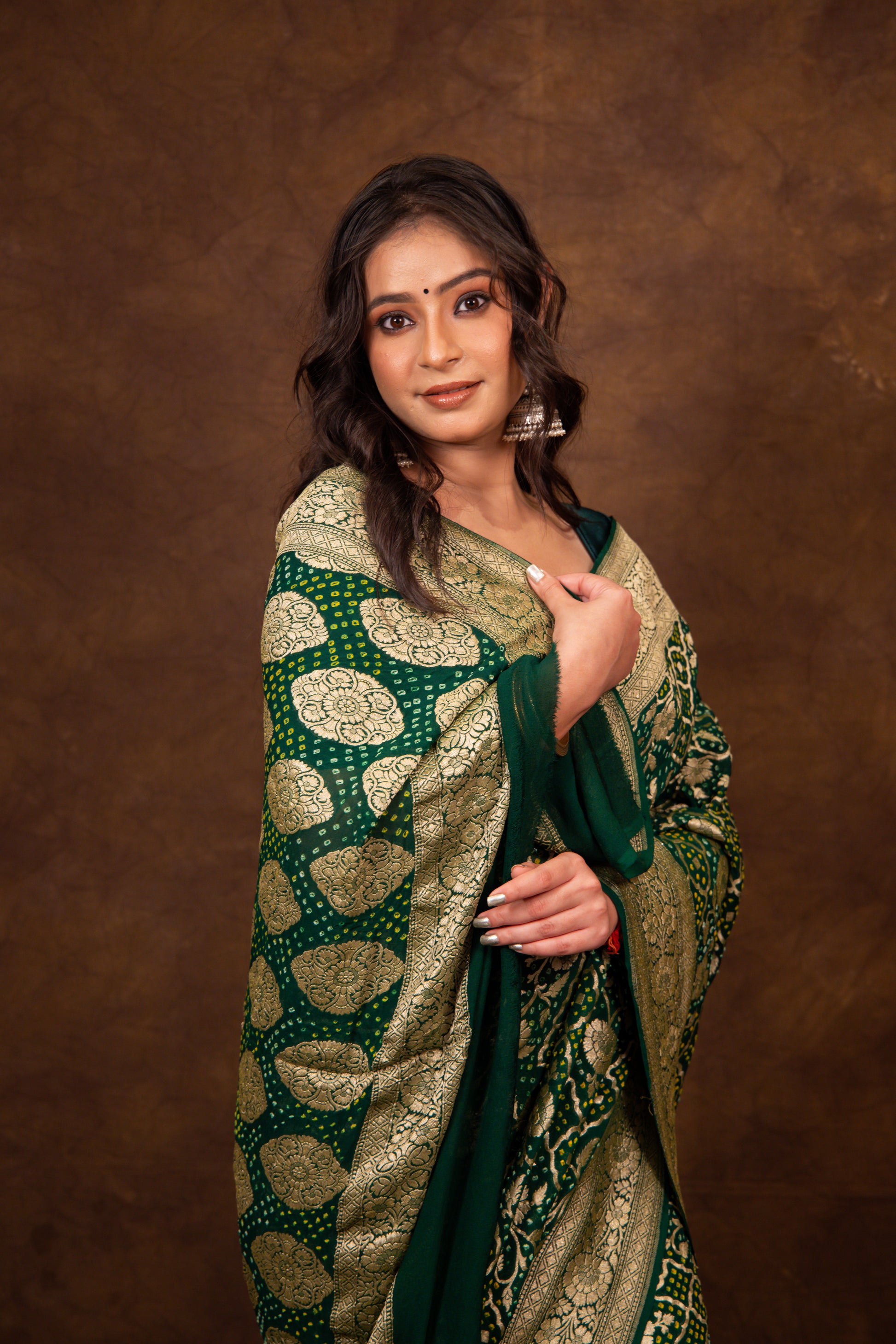 Green Saree Georgette Silk Bandhani