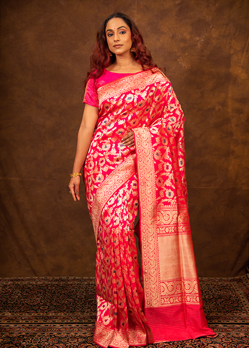 Hot Pink Katan Silk Saree — Kadwa Meena Jaal