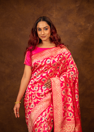 Hot Pink Katan Silk Saree — Kadwa Meena Jaal