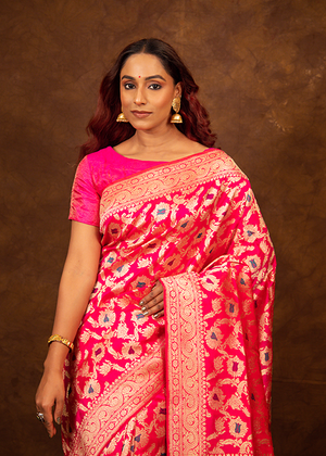 Hot Pink Katan Silk Saree — Kadwa Meena Jaal