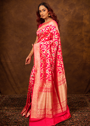 Hot Pink Katan Silk Saree — Kadwa Meena Jaal