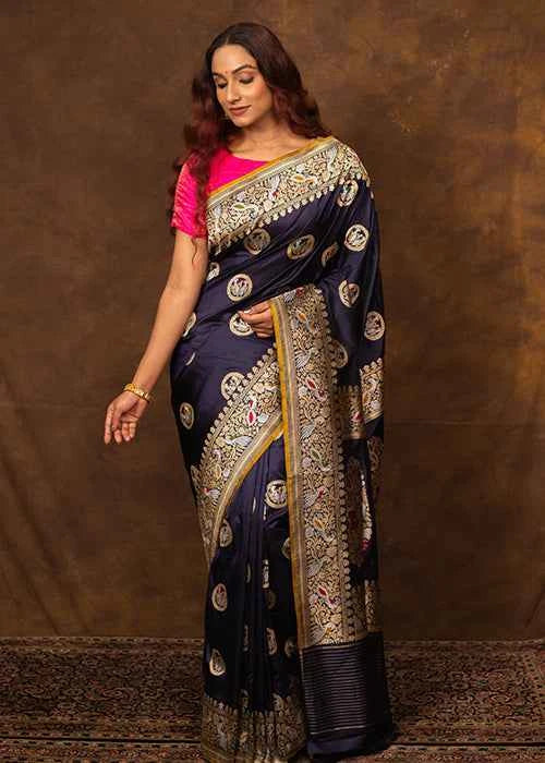 Navy Blue Katan Silk Saree — Cut Work