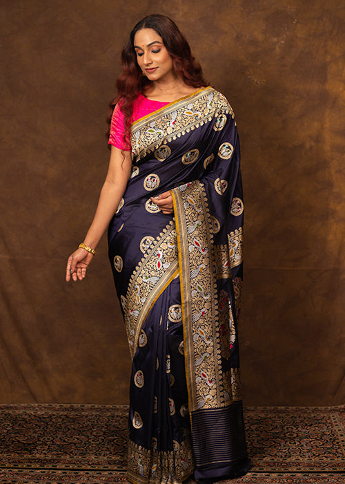 Navy Blue Katan Silk Saree — Cut Work