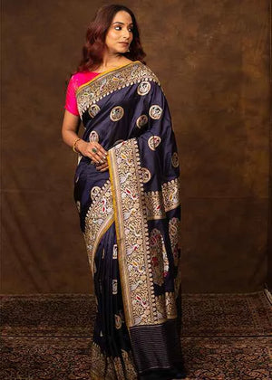 Navy Blue Katan Silk Saree — Cut Work