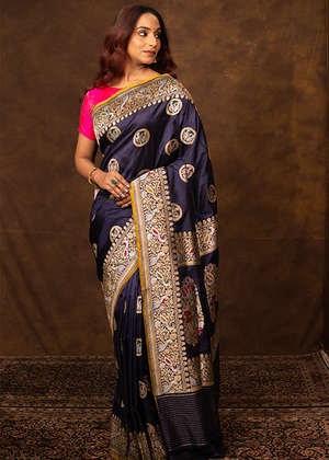 Navy Blue Katan Silk Saree — Cut Work Bird Boota