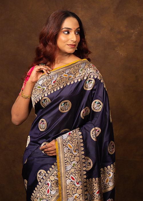 Navy Blue Katan Silk Saree — Cut Work Bird Boota