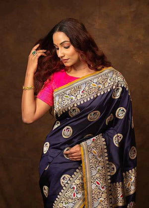 Navy Blue Katan Silk Saree — Cut Work