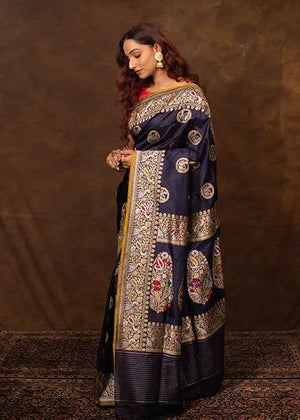 Navy Blue Katan Silk Saree — Cut Work