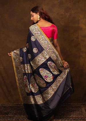 Navy Blue Katan Silk Saree — Cut Work