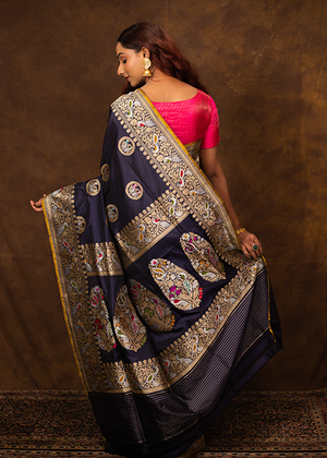Navy Blue Katan Silk Saree — Cut Work Bird Boota