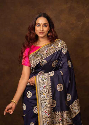 Navy Blue Katan Silk Saree — Cut Work