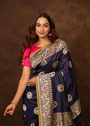 Navy Blue Katan Silk Saree — Cut Work Bird Boota