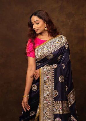 Navy Blue Katan Silk Saree — Cut Work
