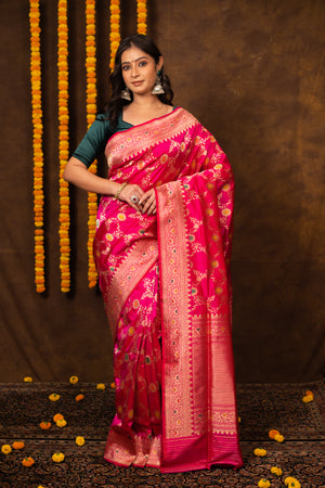 Hot Pink Katan Silk Saree — Kadwa Meena Jaal