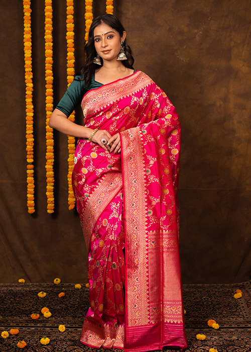 Hot Pink Katan Silk Saree — Kadwa Meena Jaal