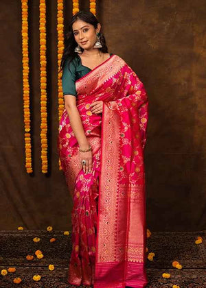 Hot Pink Katan Silk Saree — Kadwa Meena Jaal
