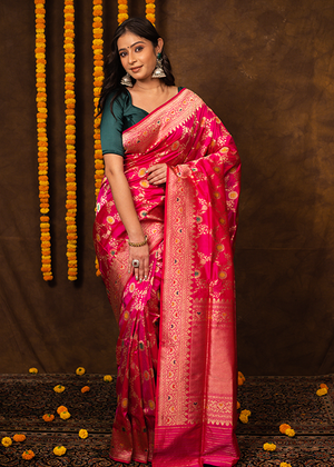 Hot Pink Katan Silk Saree — Kadwa Meena Jaal