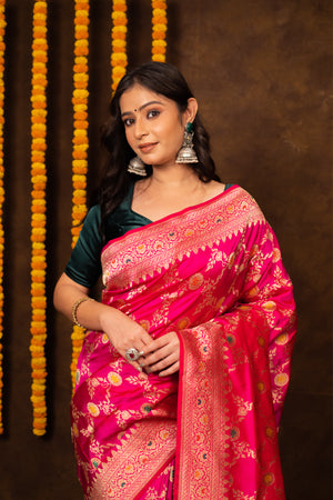 Hot Pink Katan Silk Saree — Kadwa Meena Jaal
