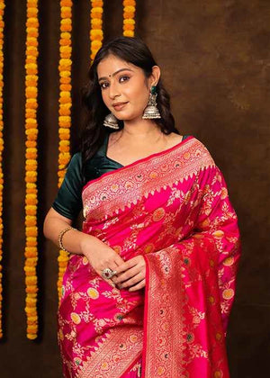 Hot Pink Katan Silk Saree — Kadwa Meena Jaal