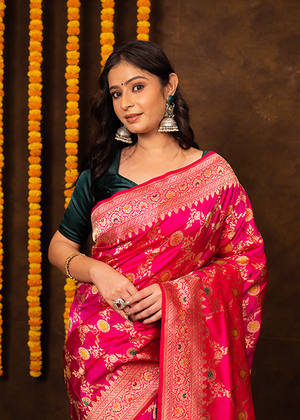 Hot Pink Katan Silk Saree — Kadwa Meena Jaal