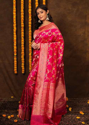 Hot Pink Katan Silk Saree — Kadwa Meena Jaal