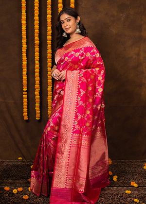 Hot Pink Katan Silk Saree — Kadwa Meena Jaal