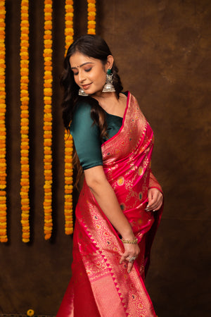 Hot Pink Katan Silk Saree — Kadwa Meena Jaal