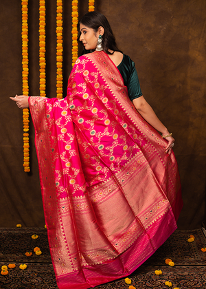 Hot Pink Katan Silk Saree — Kadwa Meena Jaal