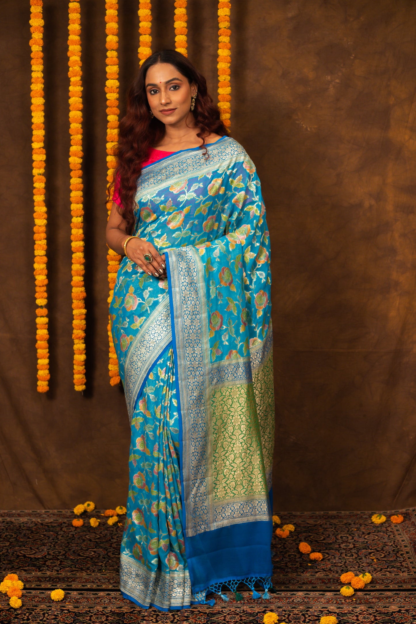 Teal Saree Georgette Khaddi Silk - Panaya 