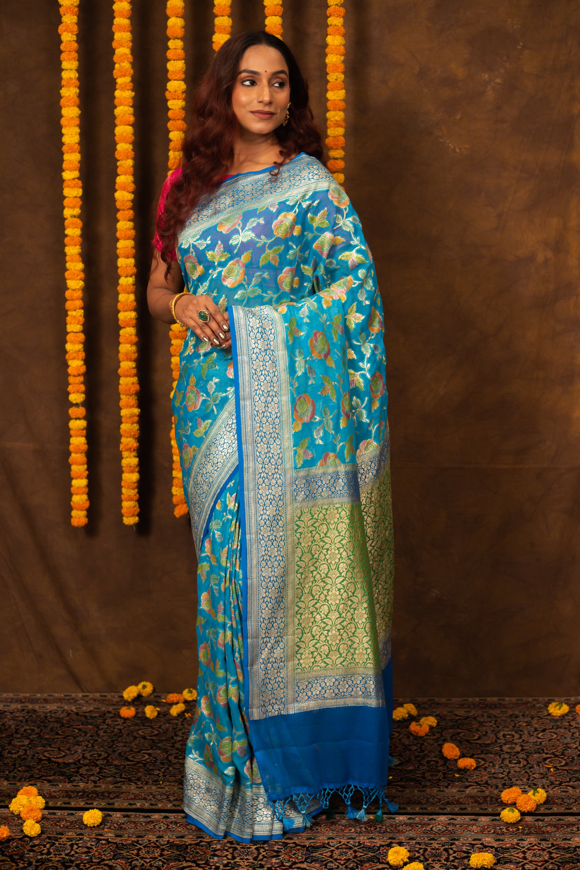 Teal Saree Georgette Khaddi Silk