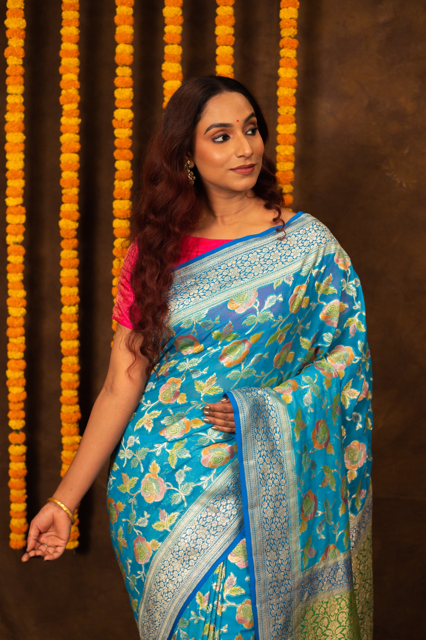 Teal Saree Georgette Khaddi Silk - Panaya 